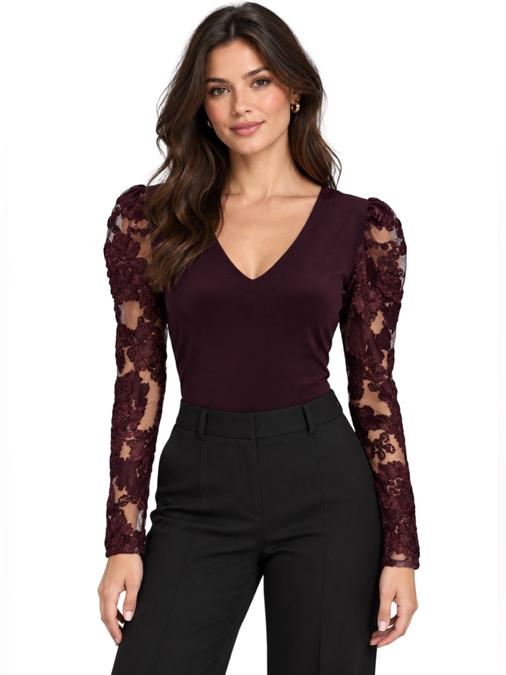 Express Plum Floral Appliqué Mesh Sleeve V-Neck Bodysuit Large EUC
